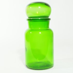 Bocal + couvercle en verre vert type apothicaire (made in Belgique)