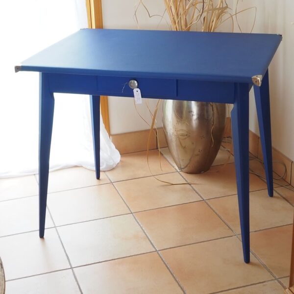 table bleue pieds compas 1 tiroir coins metal